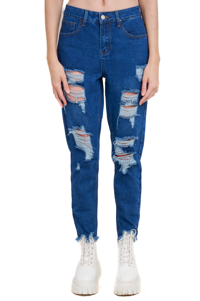 Jeans mom cintura alta super destrucción flecos