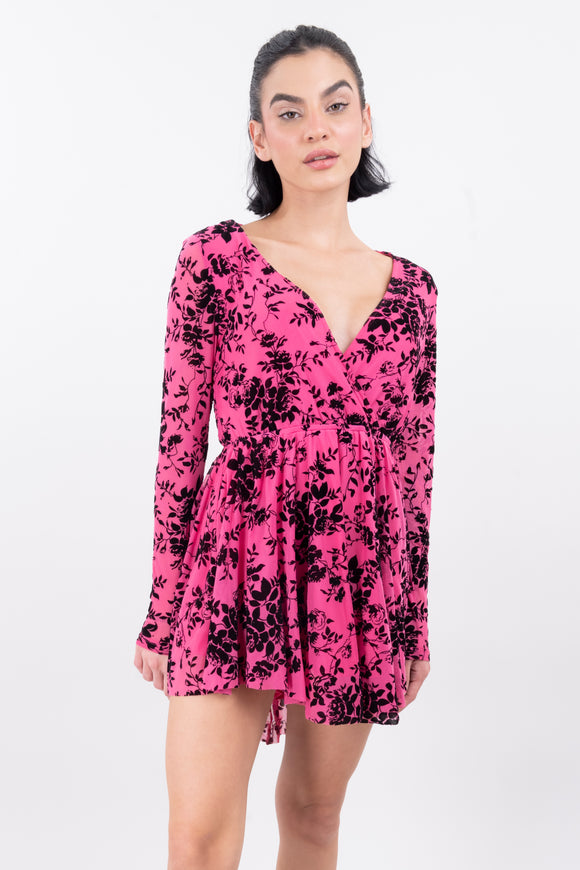 Vestido Mesh Flock Manga Larga