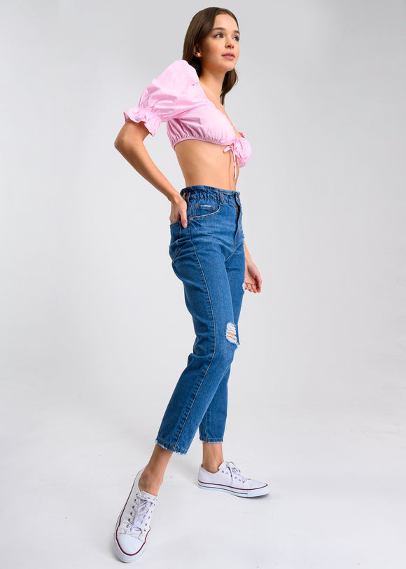 Jeans paper bag cintura media destrucción