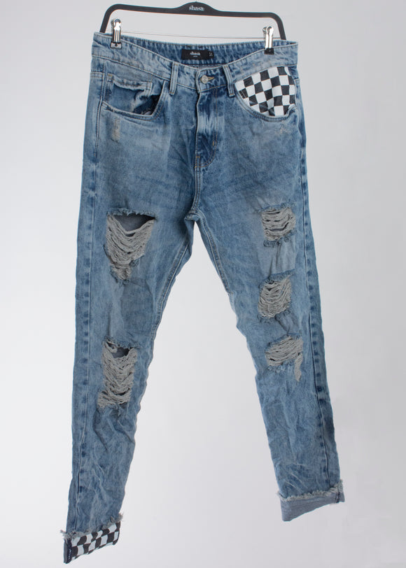 Jeans mom destrucción estampado ajedrez