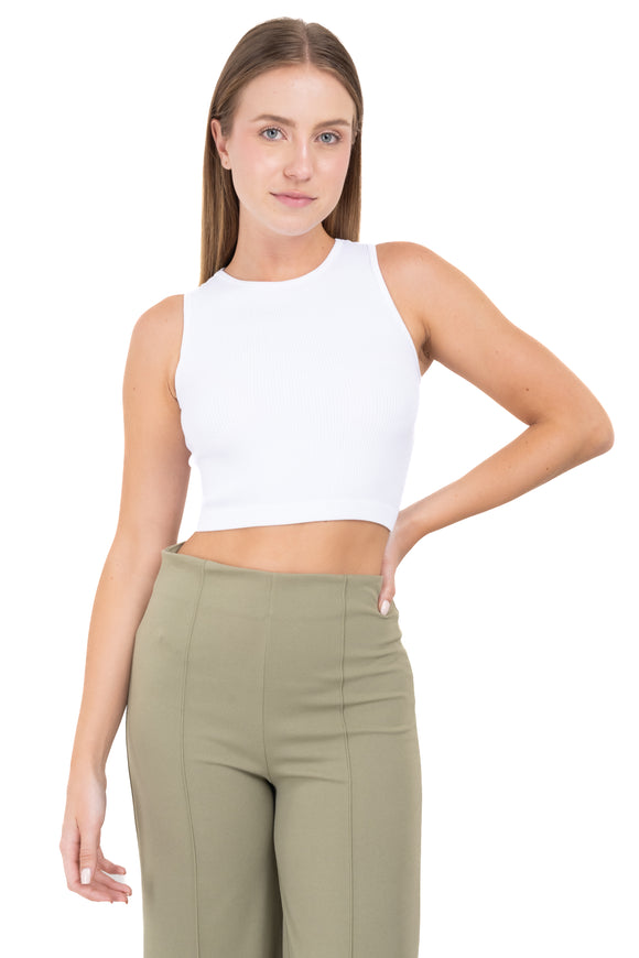 Top crop acanalado cuello redondo