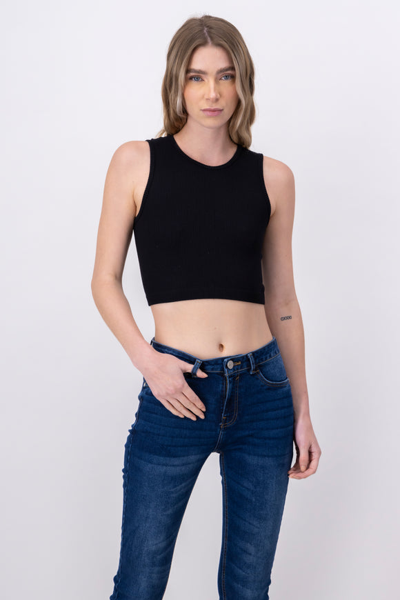 Top crop acanalado cuello redondo