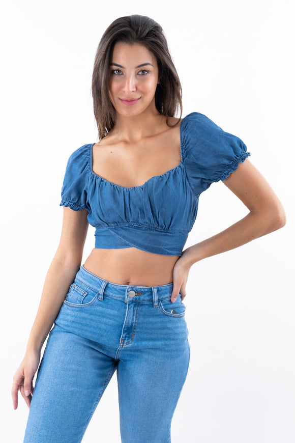 Top denim manga abullonada olán