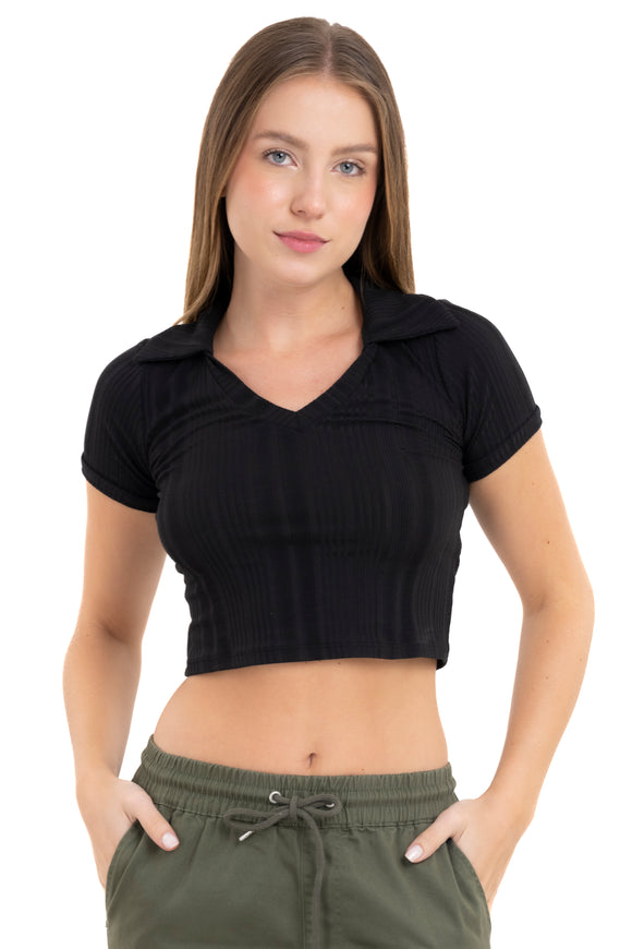 Top liso cuello solapa textura