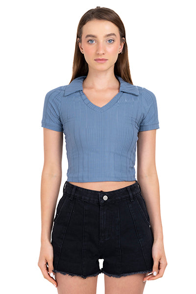 Top liso cuello solapa textura