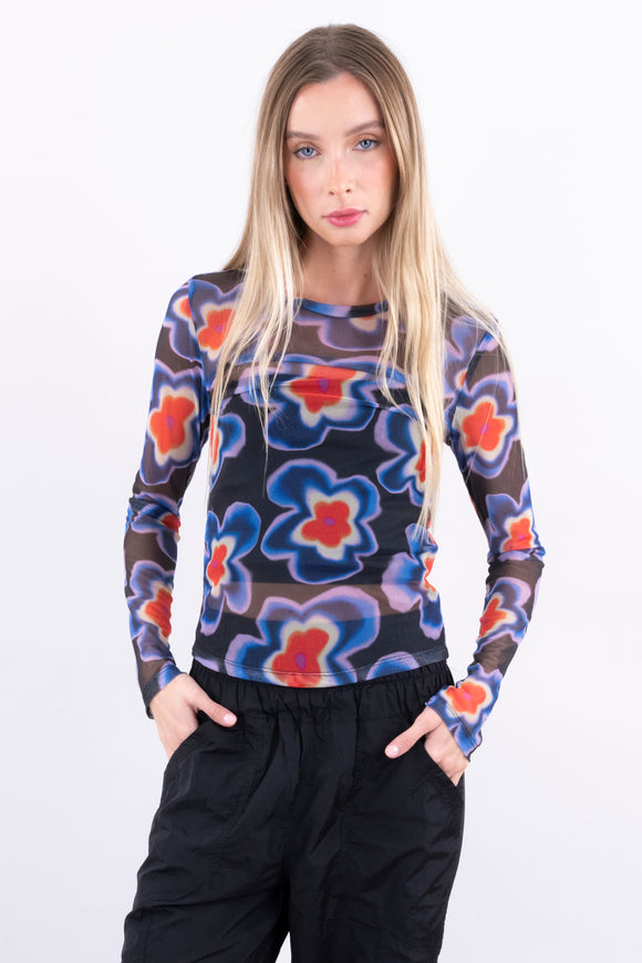 Top mesh manga larga flores tie dye
