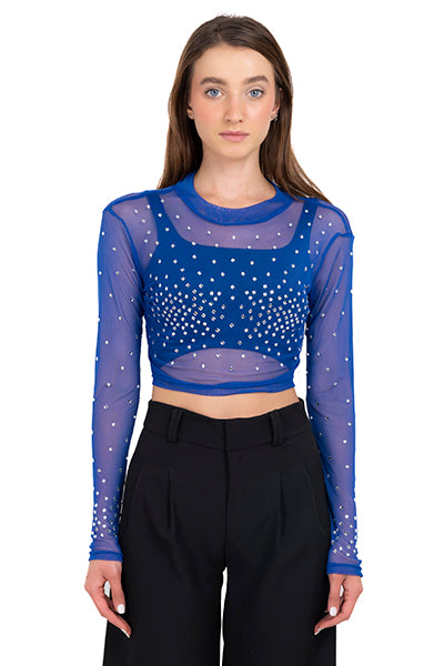 Top mesh cuello mao brillos