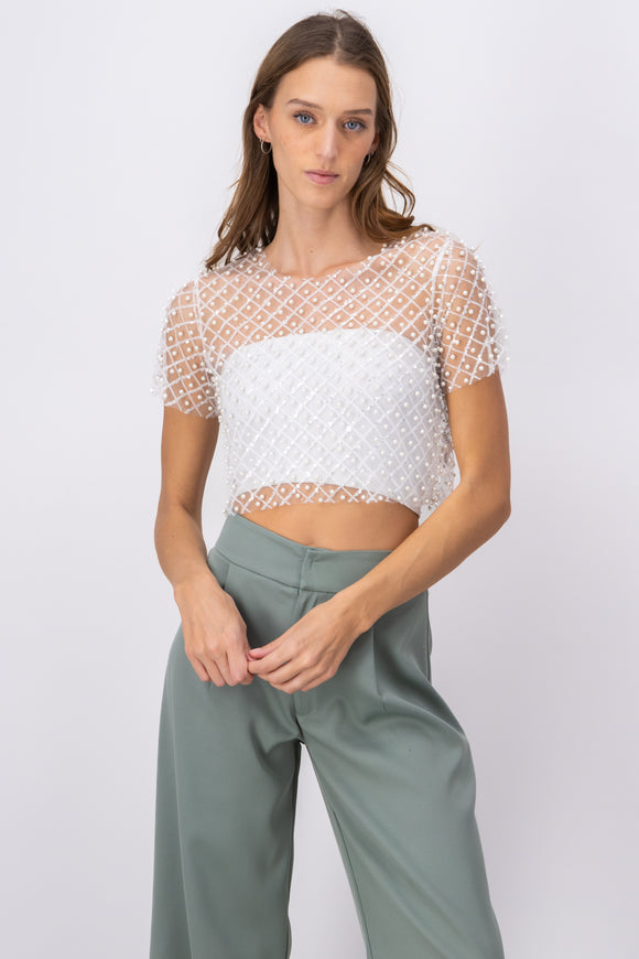 Top mesh manga corta lentejuelas