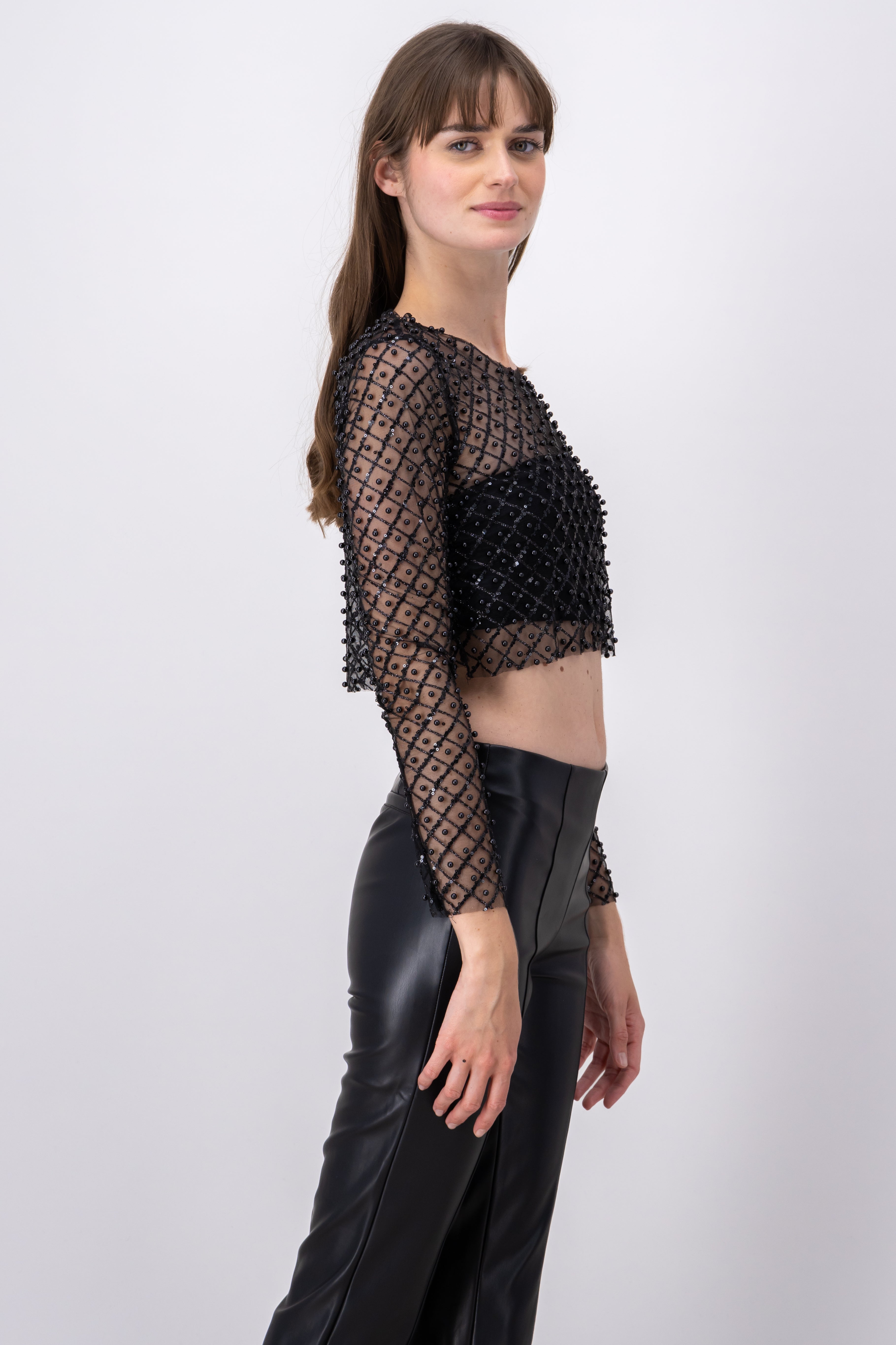 Top crop mesh perlas lentejuelas