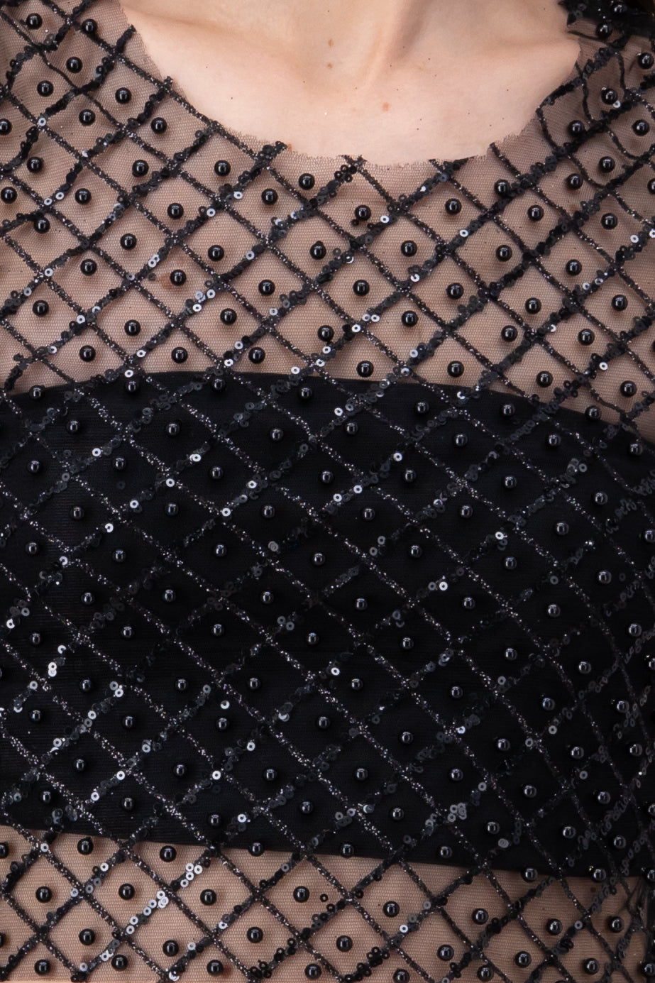 Top crop mesh perlas lentejuelas