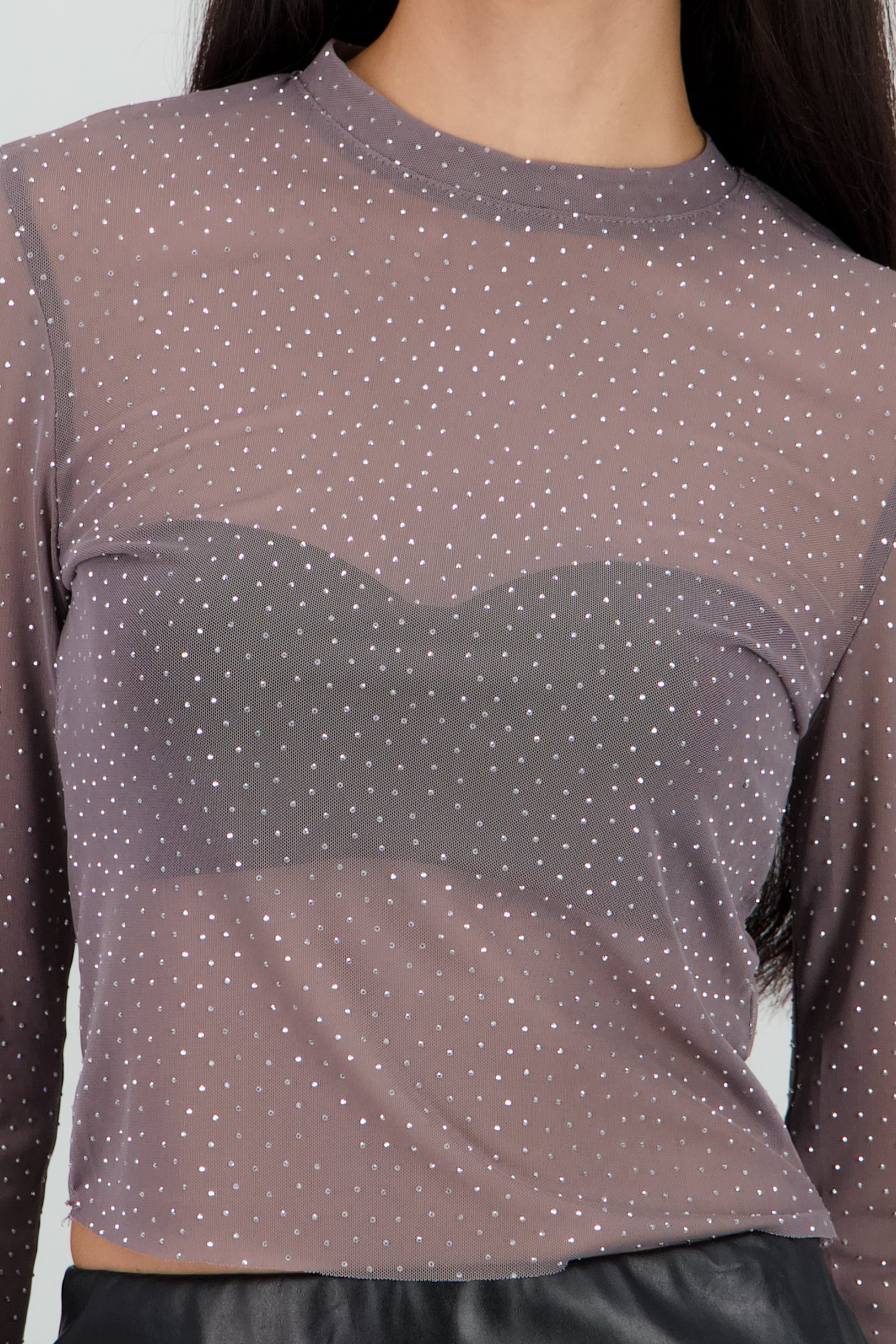 Top Mesh Manga Larga Brillos