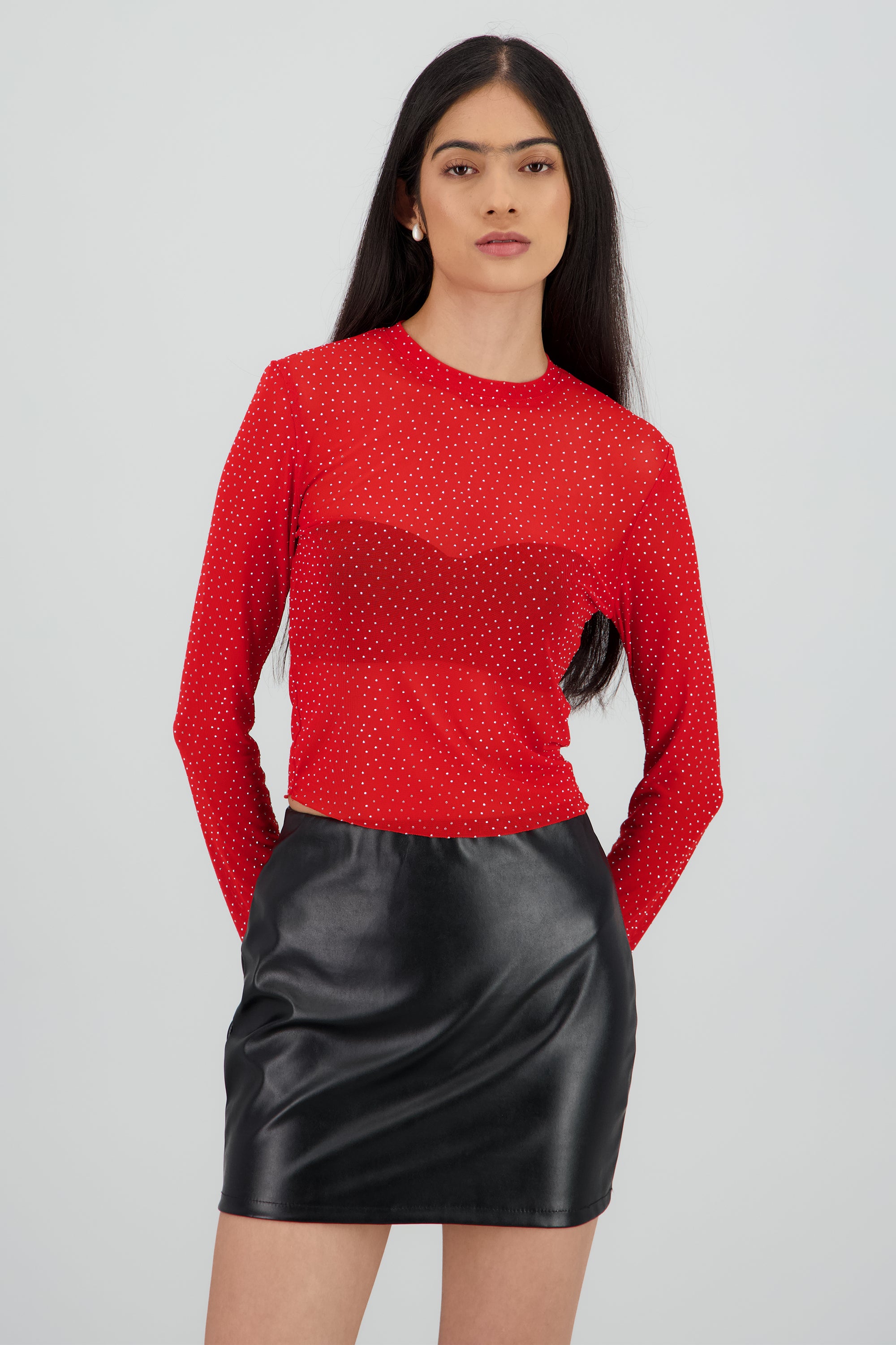 Top Mesh Manga Larga Brillos