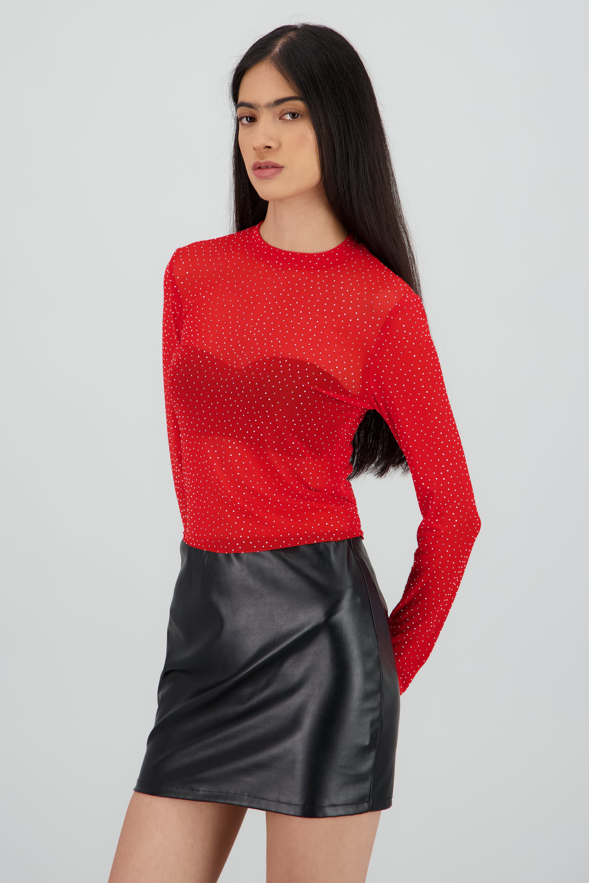 Top Mesh Manga Larga Brillos
