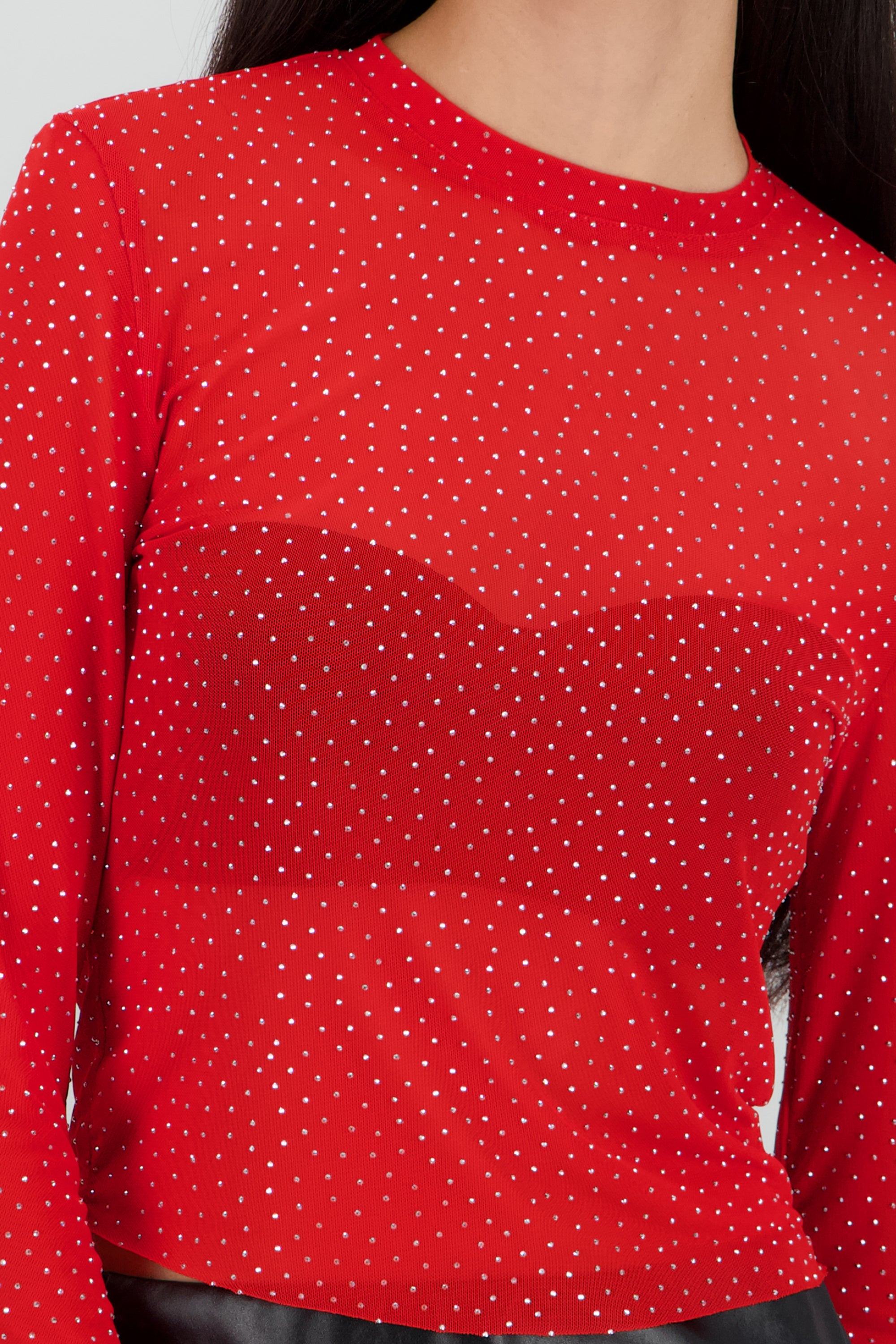 Top Mesh Manga Larga Brillos