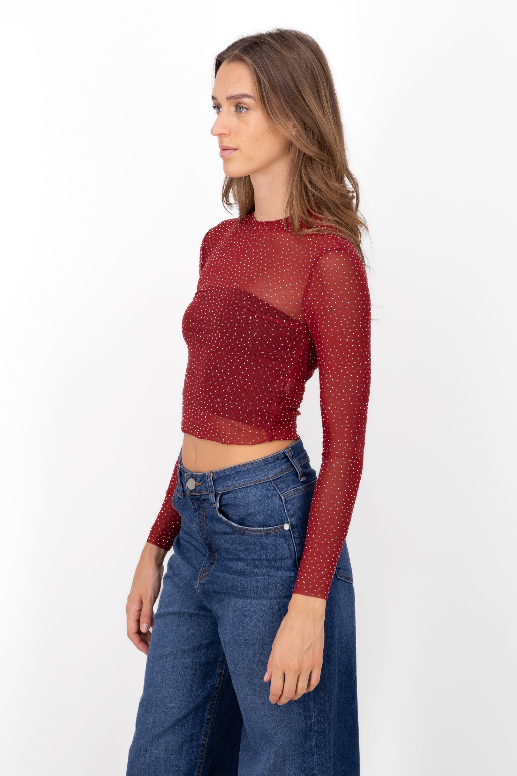 Top Mesh Manga Larga Brillos