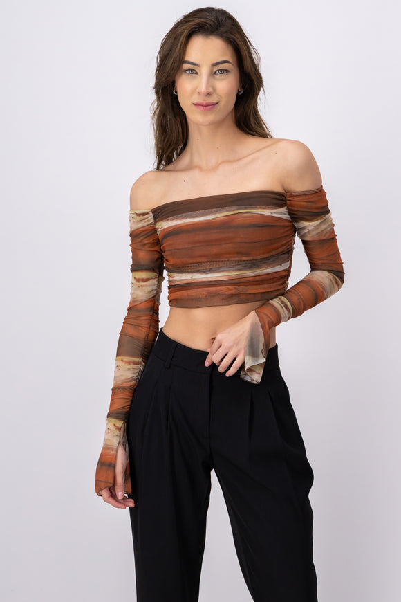 Top mesh strapless manga fruncida