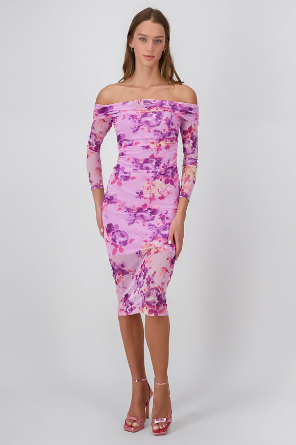 Vestido sin hombros de mesh flores