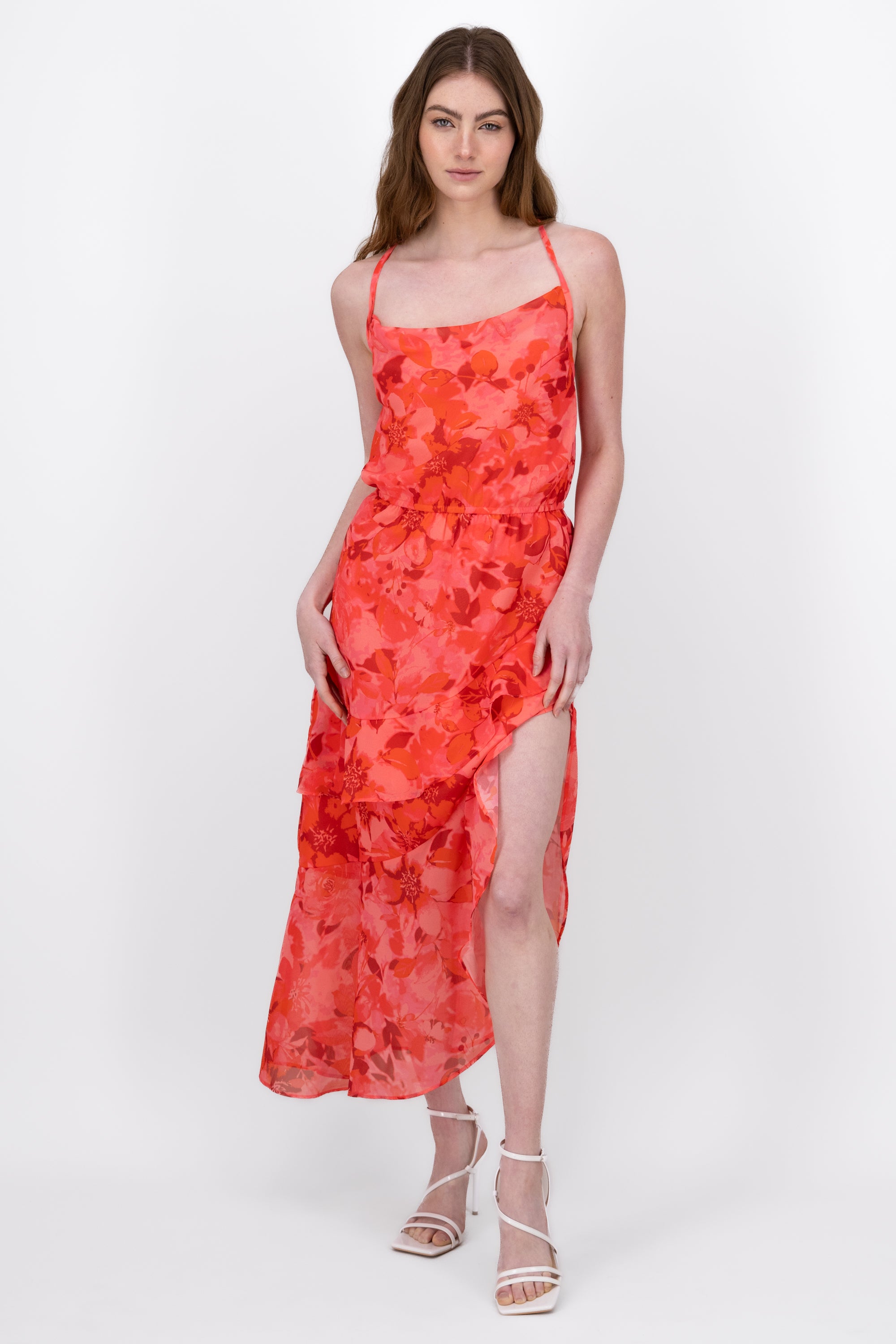 Vestido Maxi Con Estampado De Flores Y Olanes