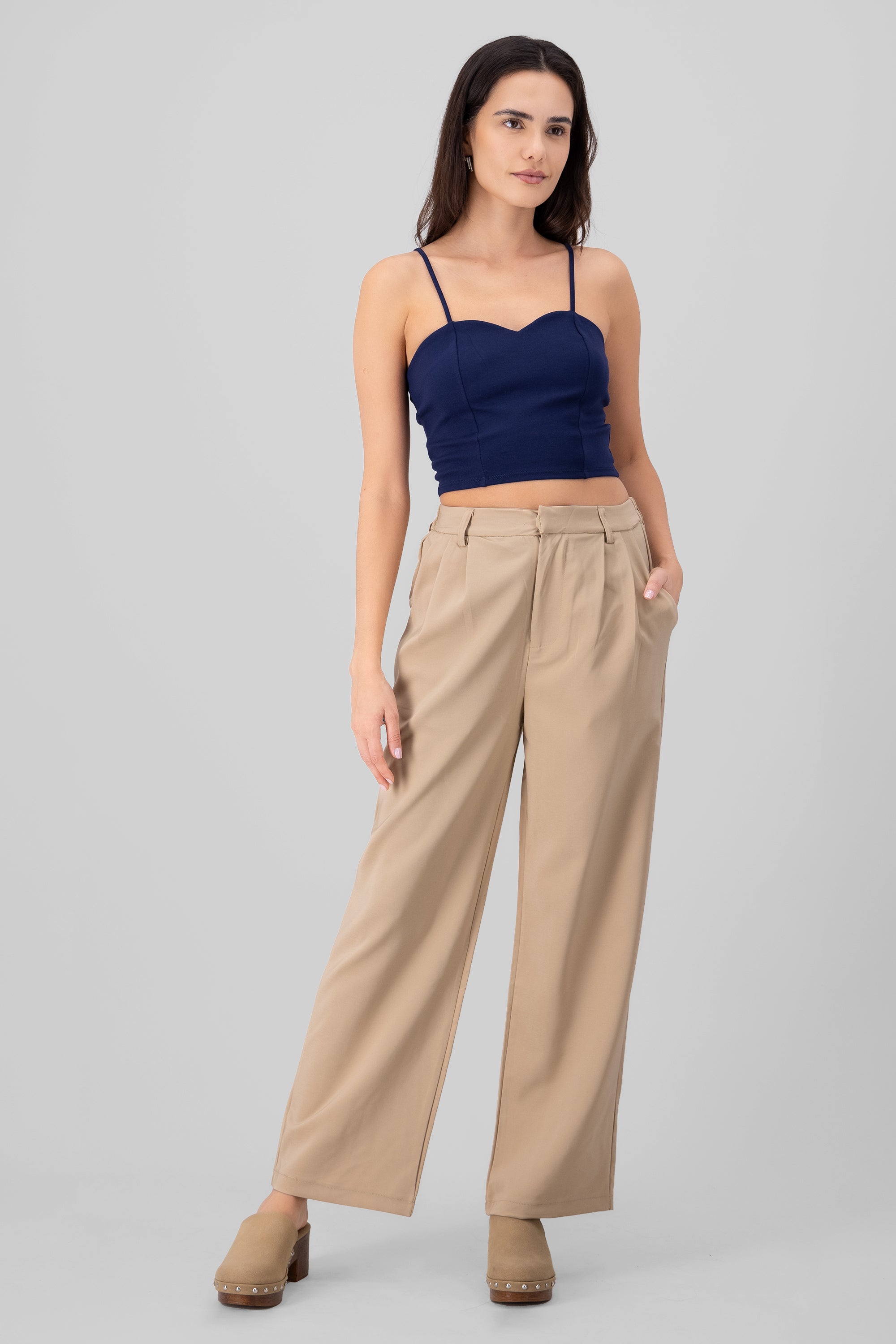 Tiro Alto Pantalon Beige Ancho Mujer Formal Outfit Con Pantalon