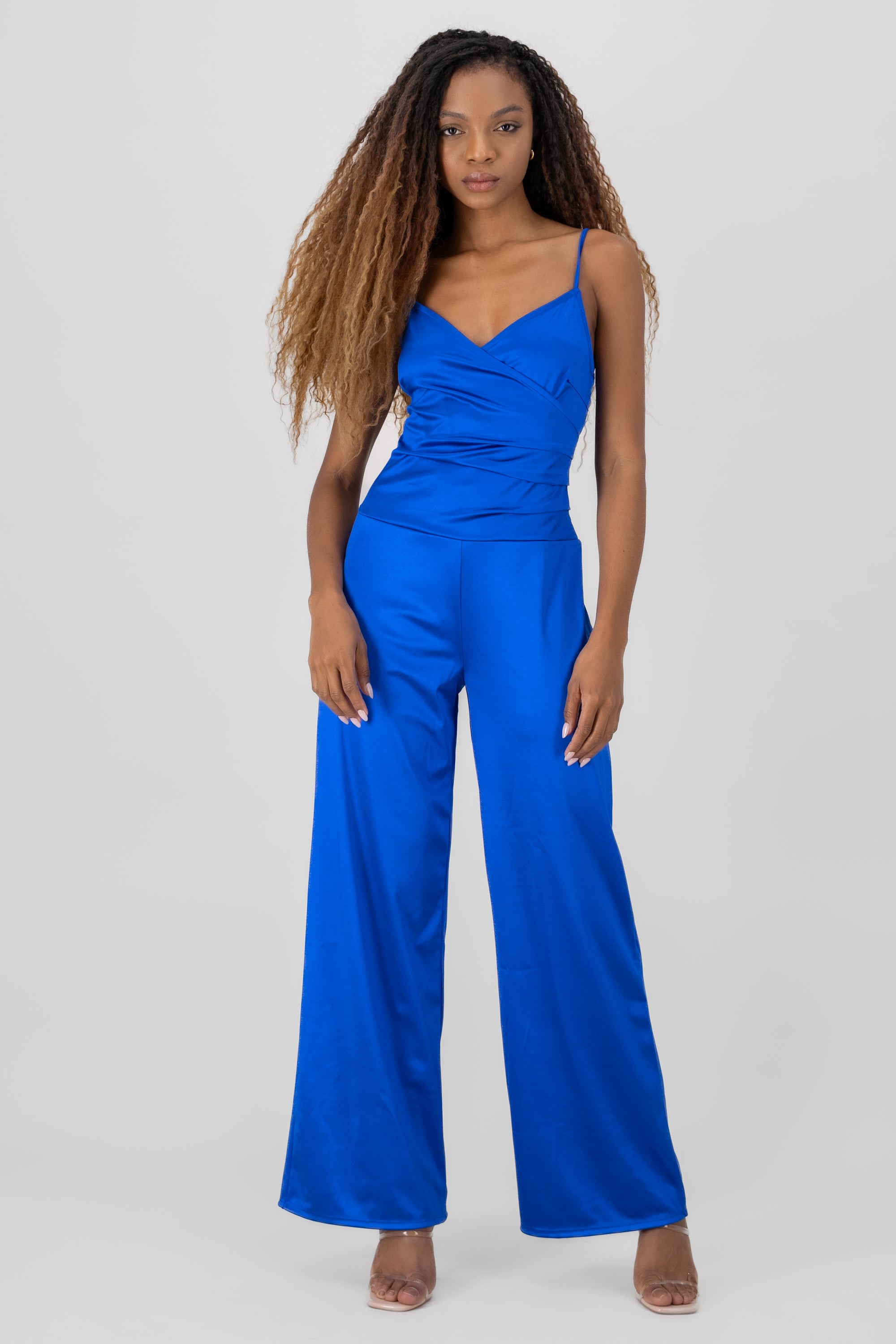 Satin blue jumpsuit on sale