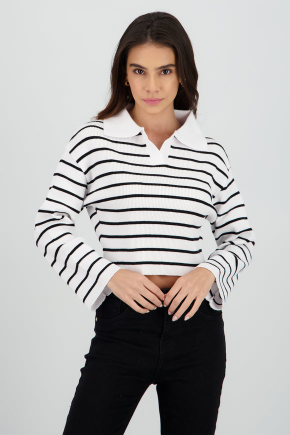 Sueter tejido cuello polo rayas