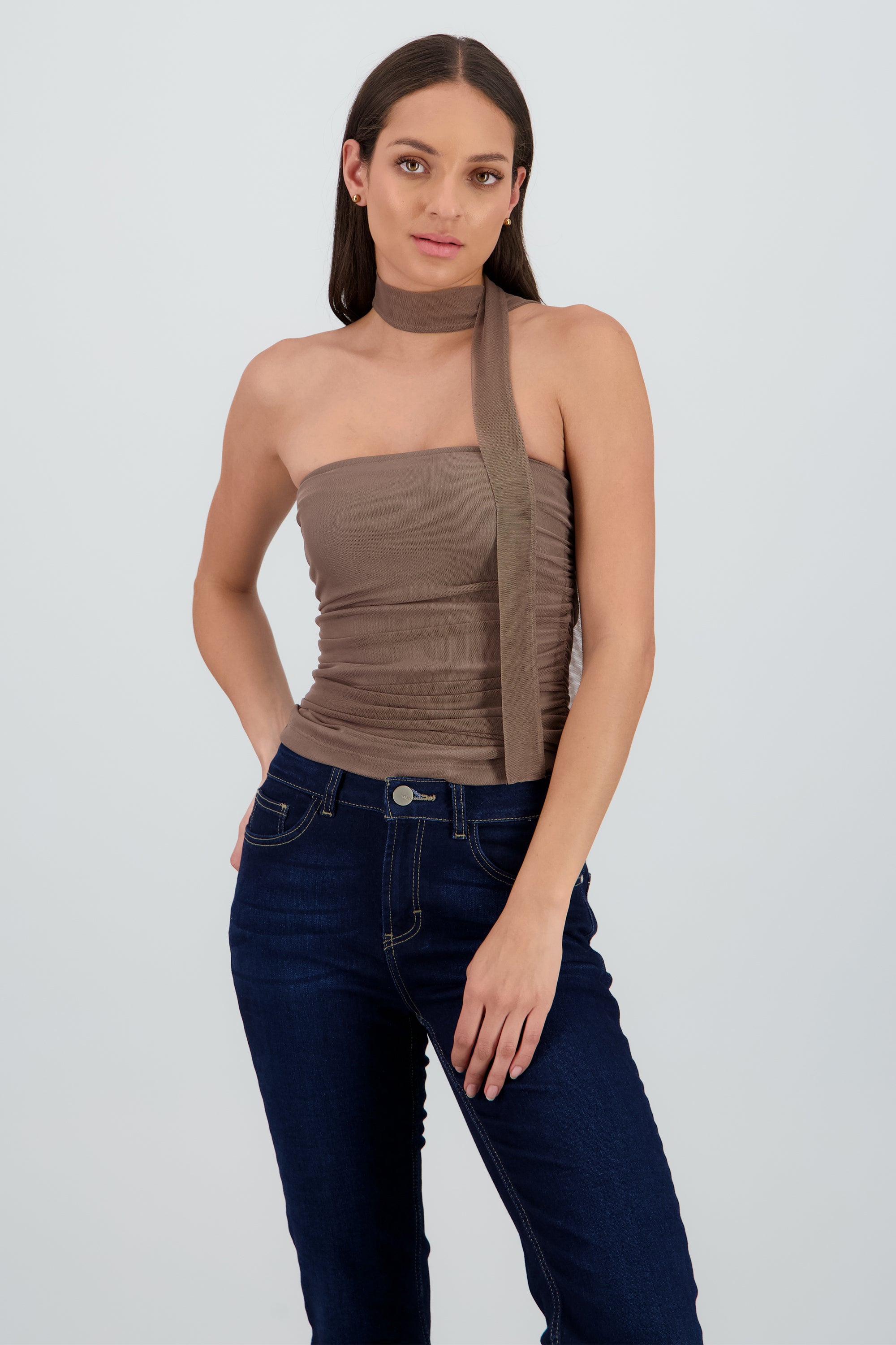 Top tubo drapeado mesh TAUPE