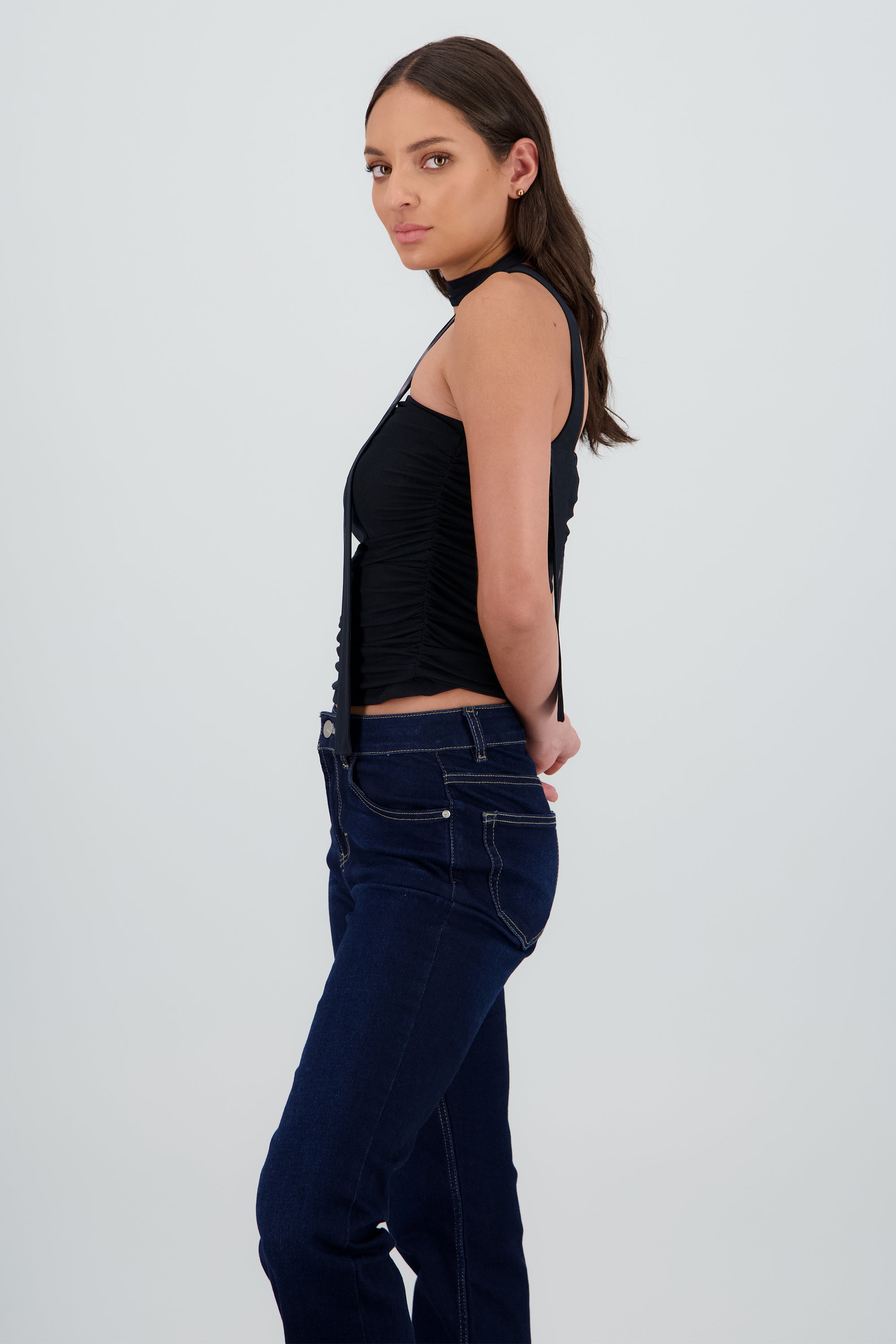 Top tubo drapeado mesh NEGRO