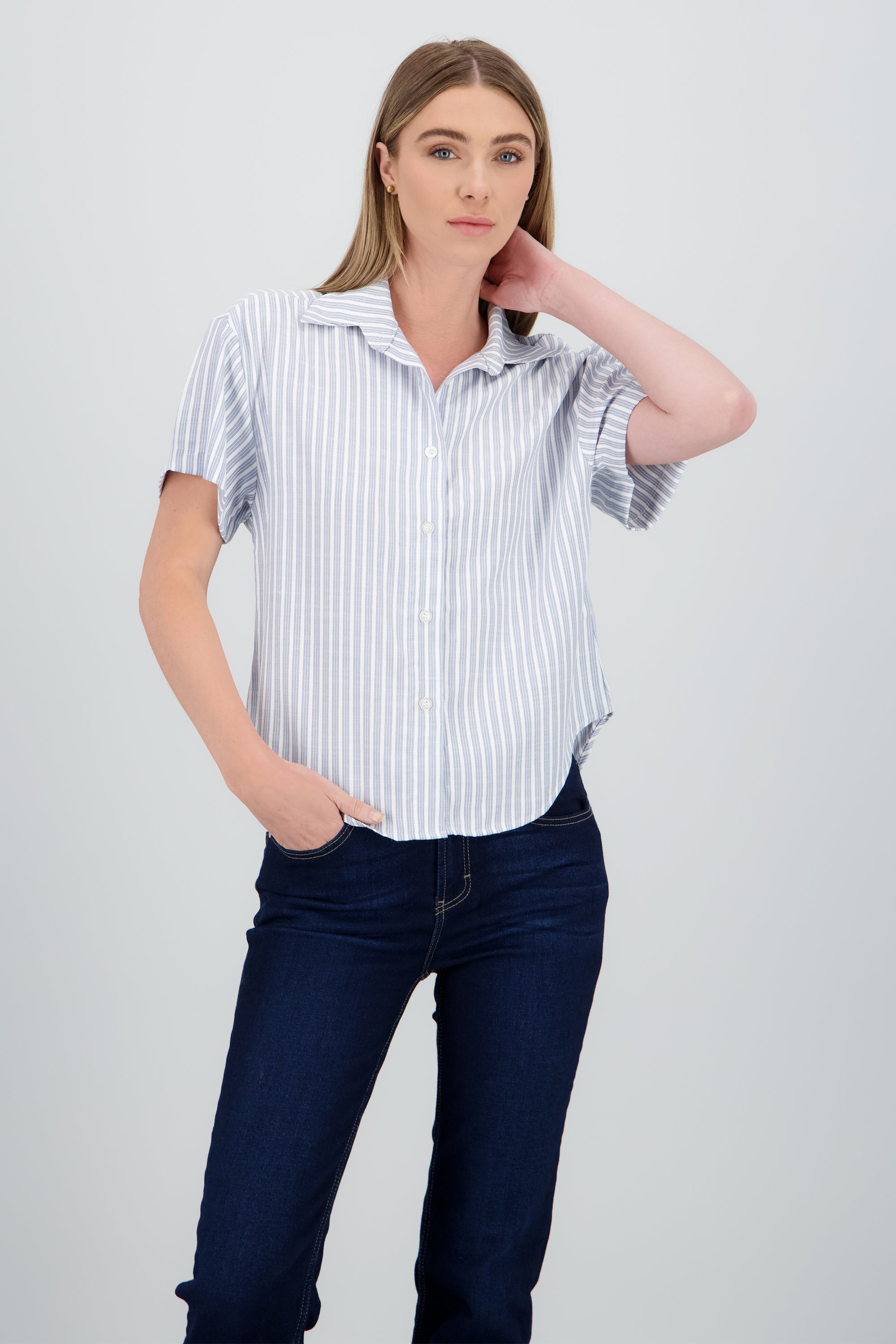 Camisa manga corta detalle triple raya BLANCO COMBO