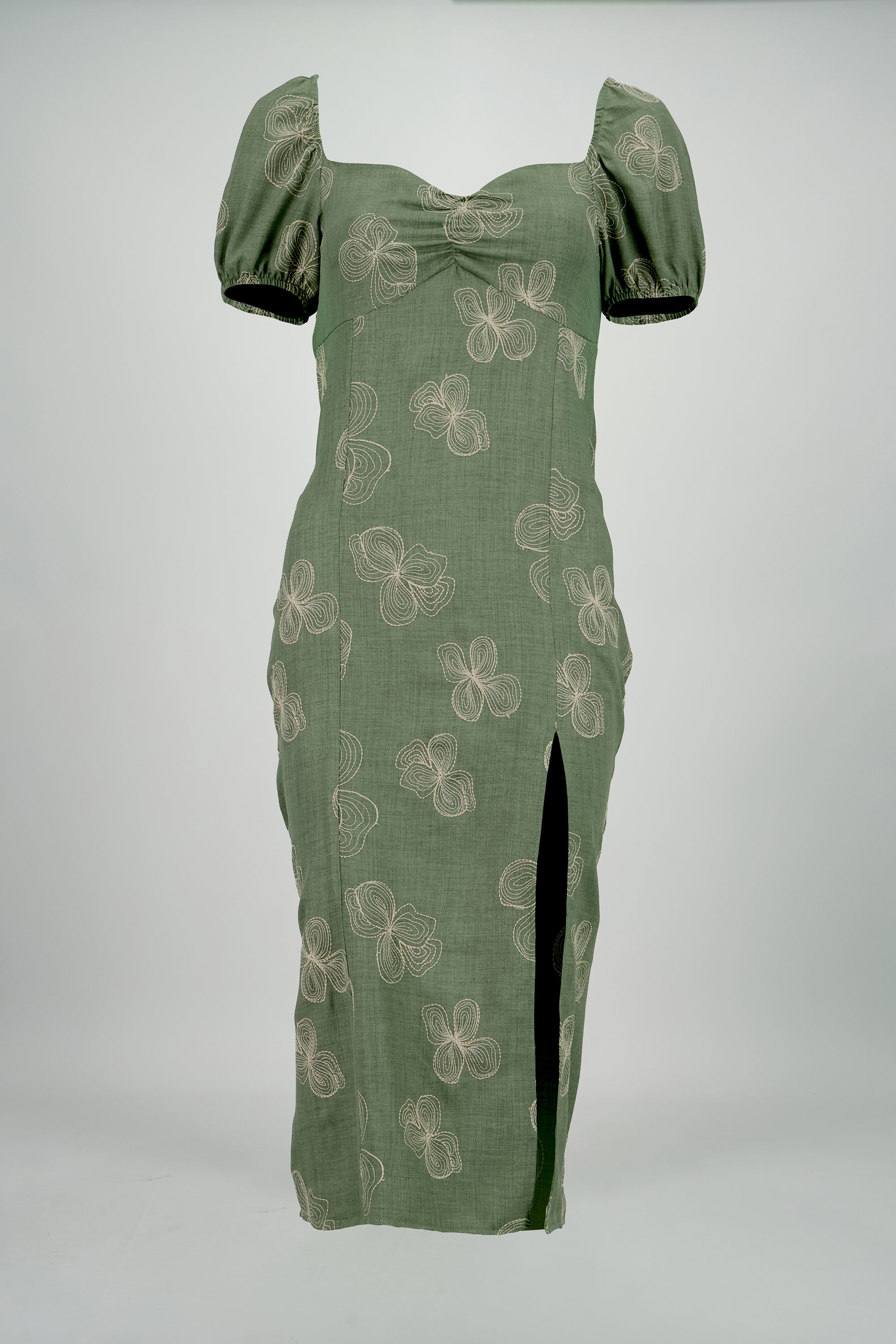 Vestido midi manga abullonada frunces
