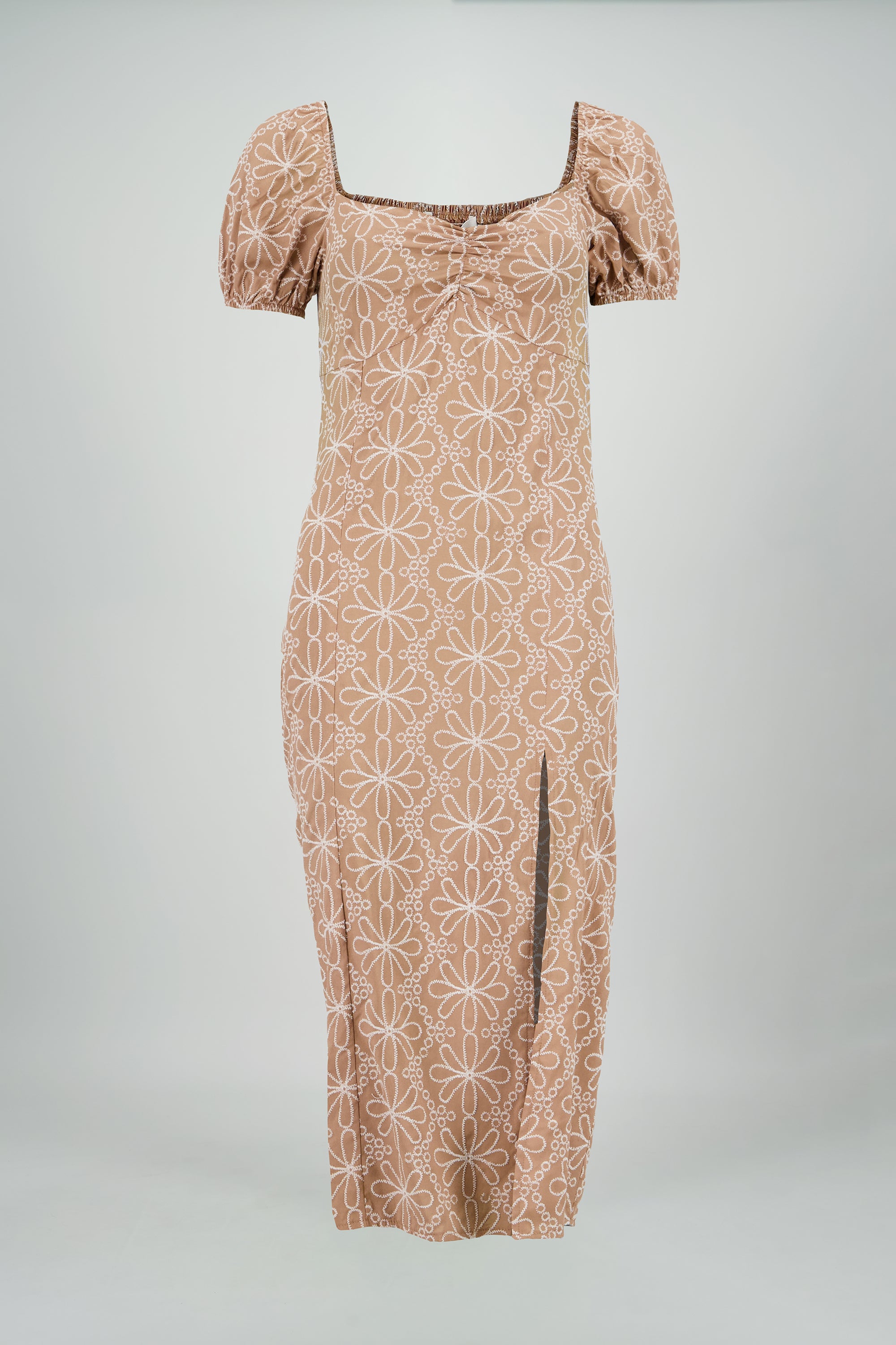 Vestido midi manga abullonada frunces