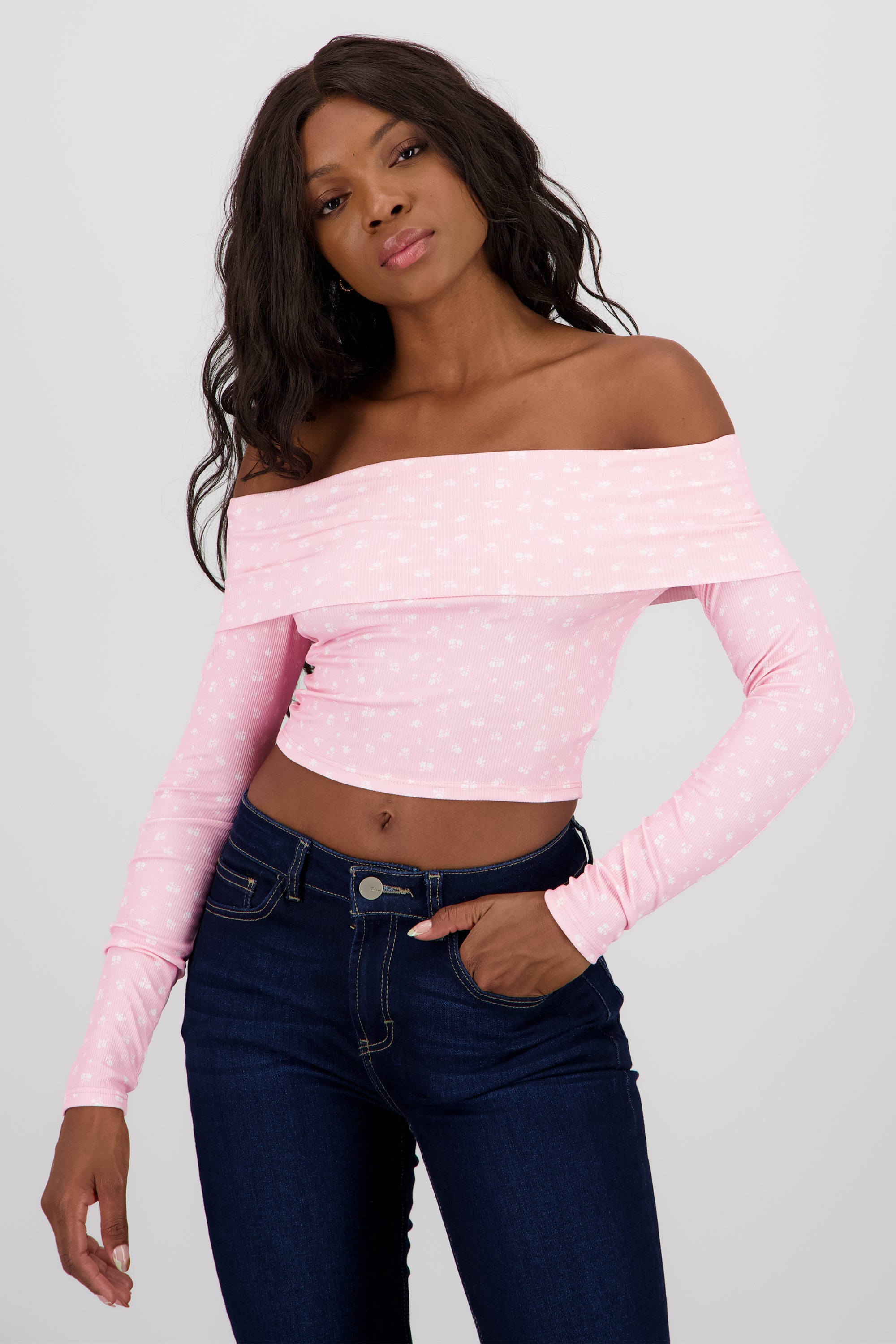 Blusa manga larga off shoulder mini flores - Main Image