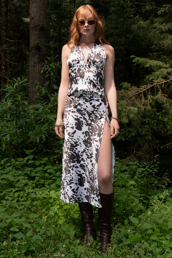 Falda maxi satinada estampado vaca