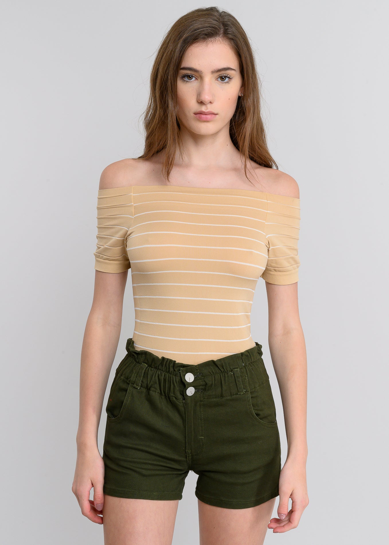 Bodysuit rayas hombro descubierto BEIGE