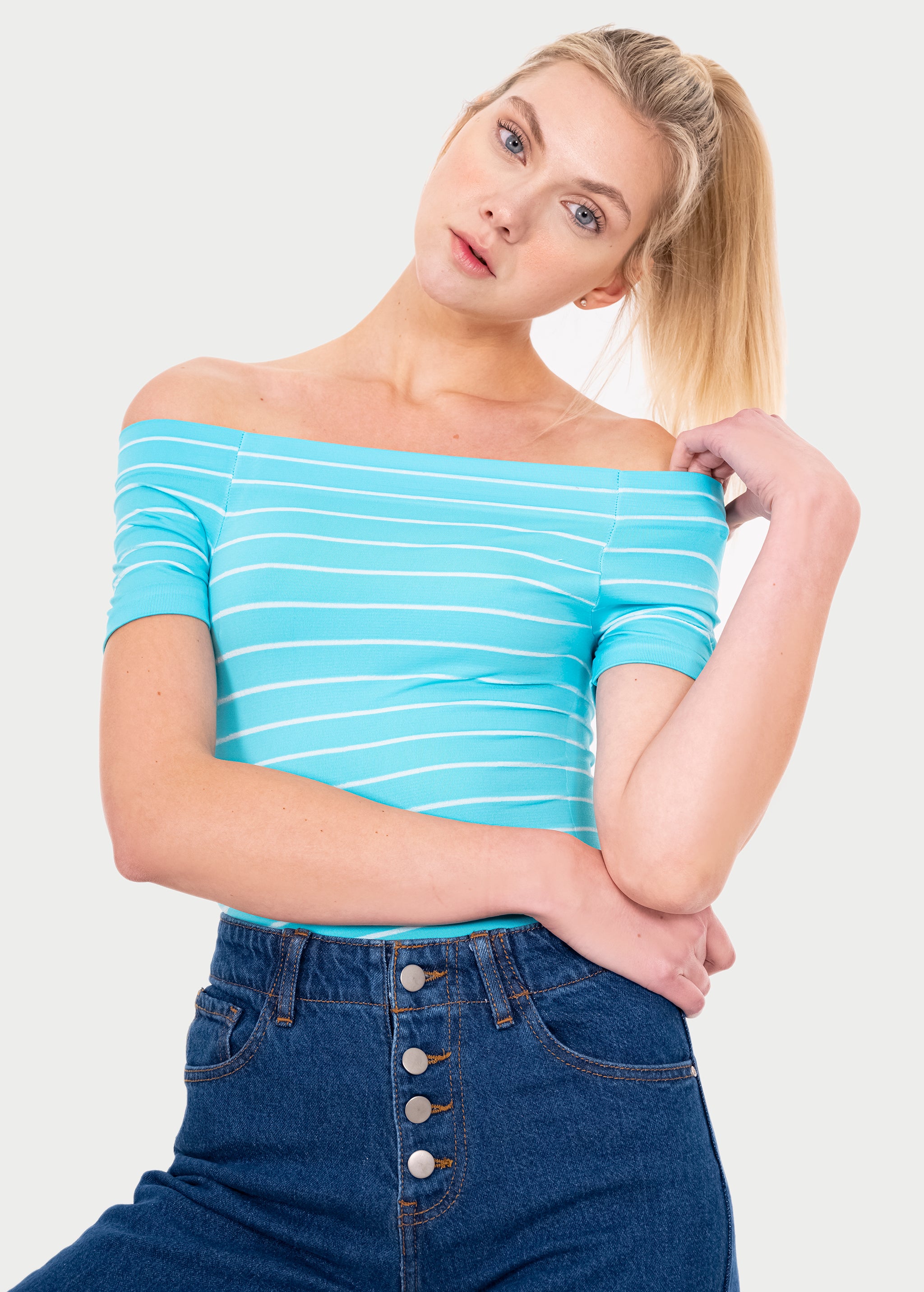 Bodysuit rayas hombro descubierto TURQUESA