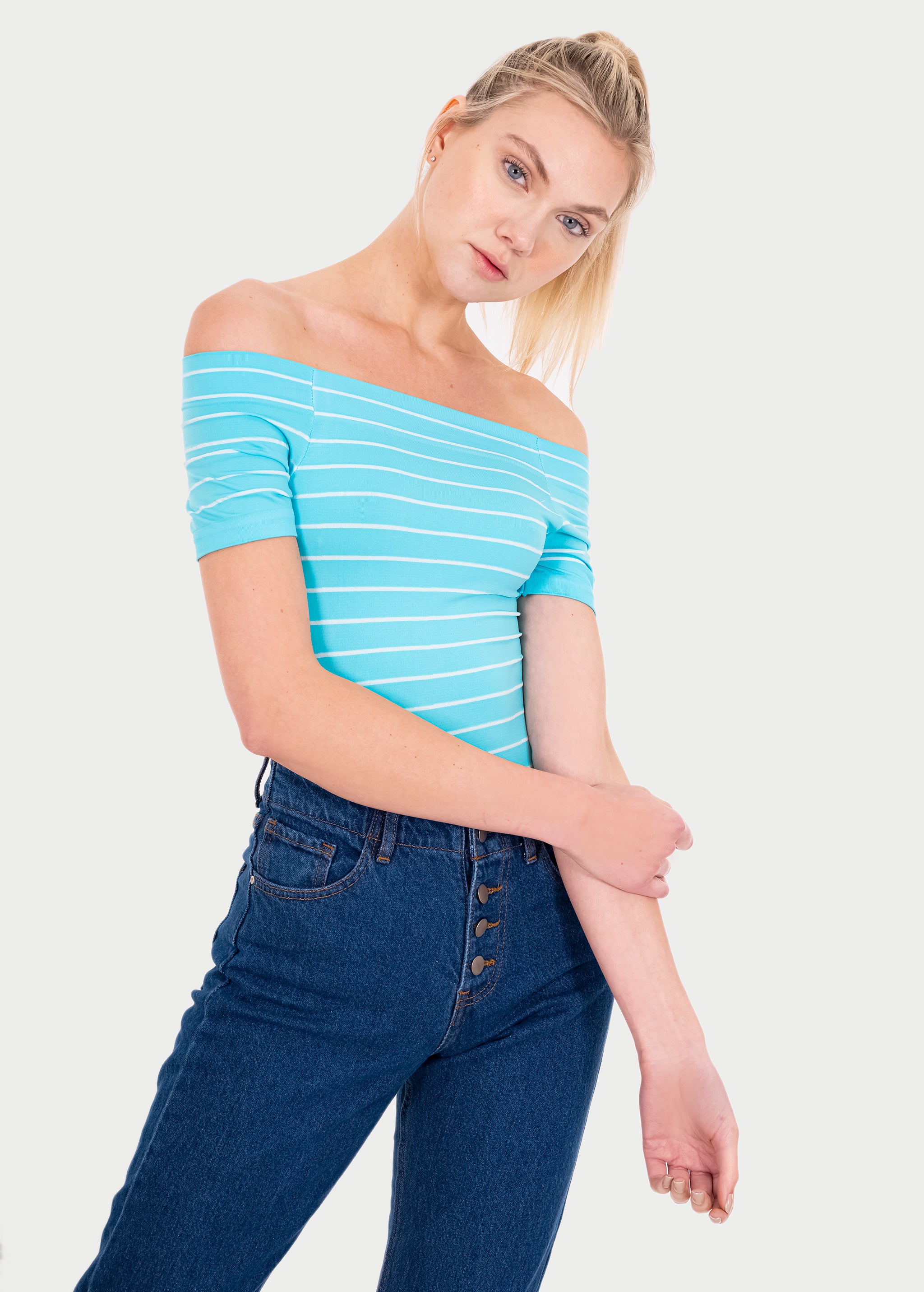 Bodysuit rayas hombro descubierto TURQUESA