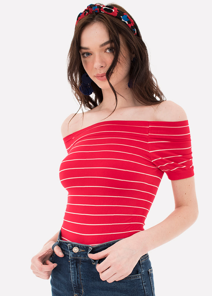 Bodysuit rayas hombro descubierto ROJO COMBO