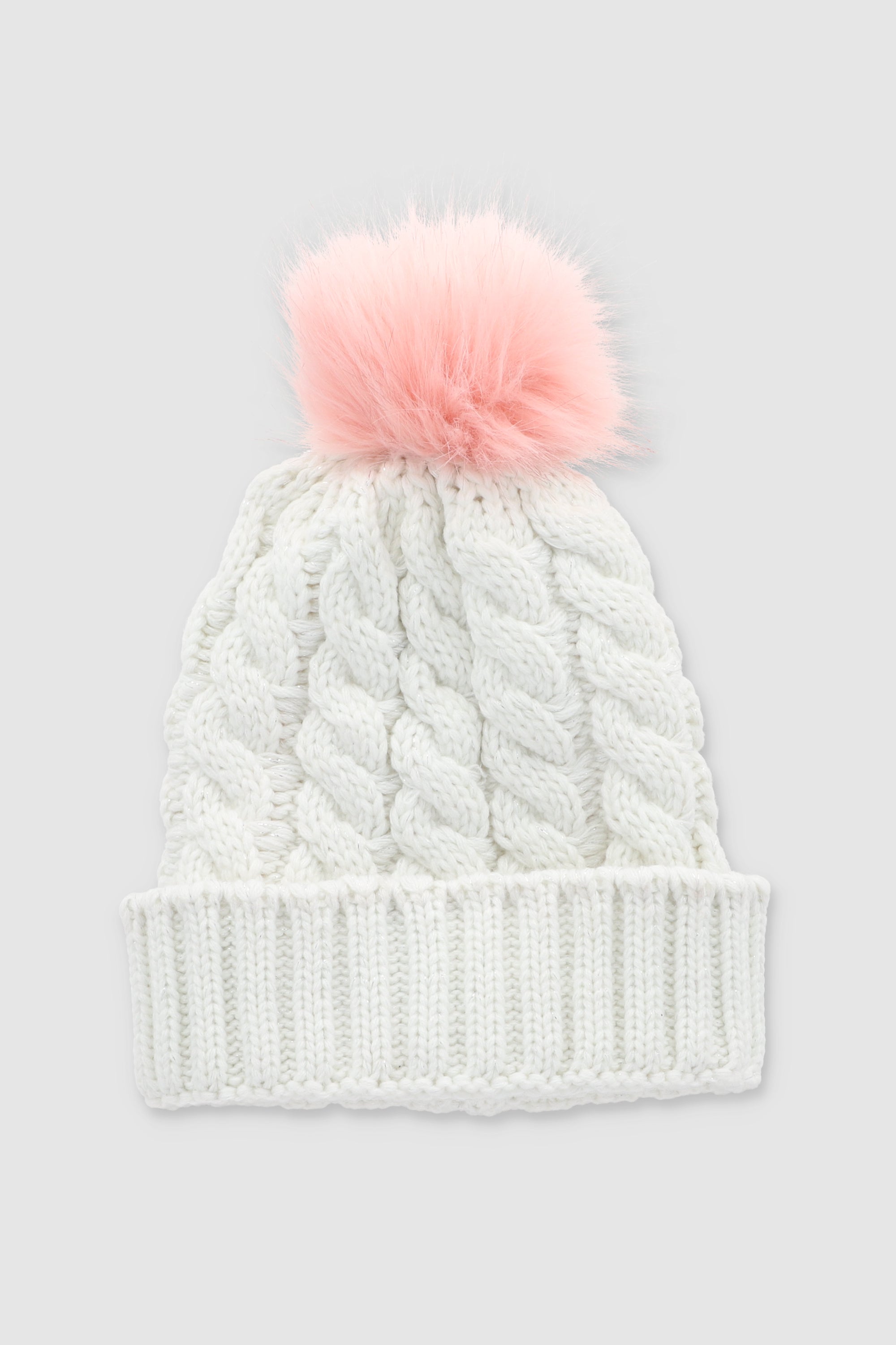 Beanie tejido punto trenzado pompón suave BLANCO