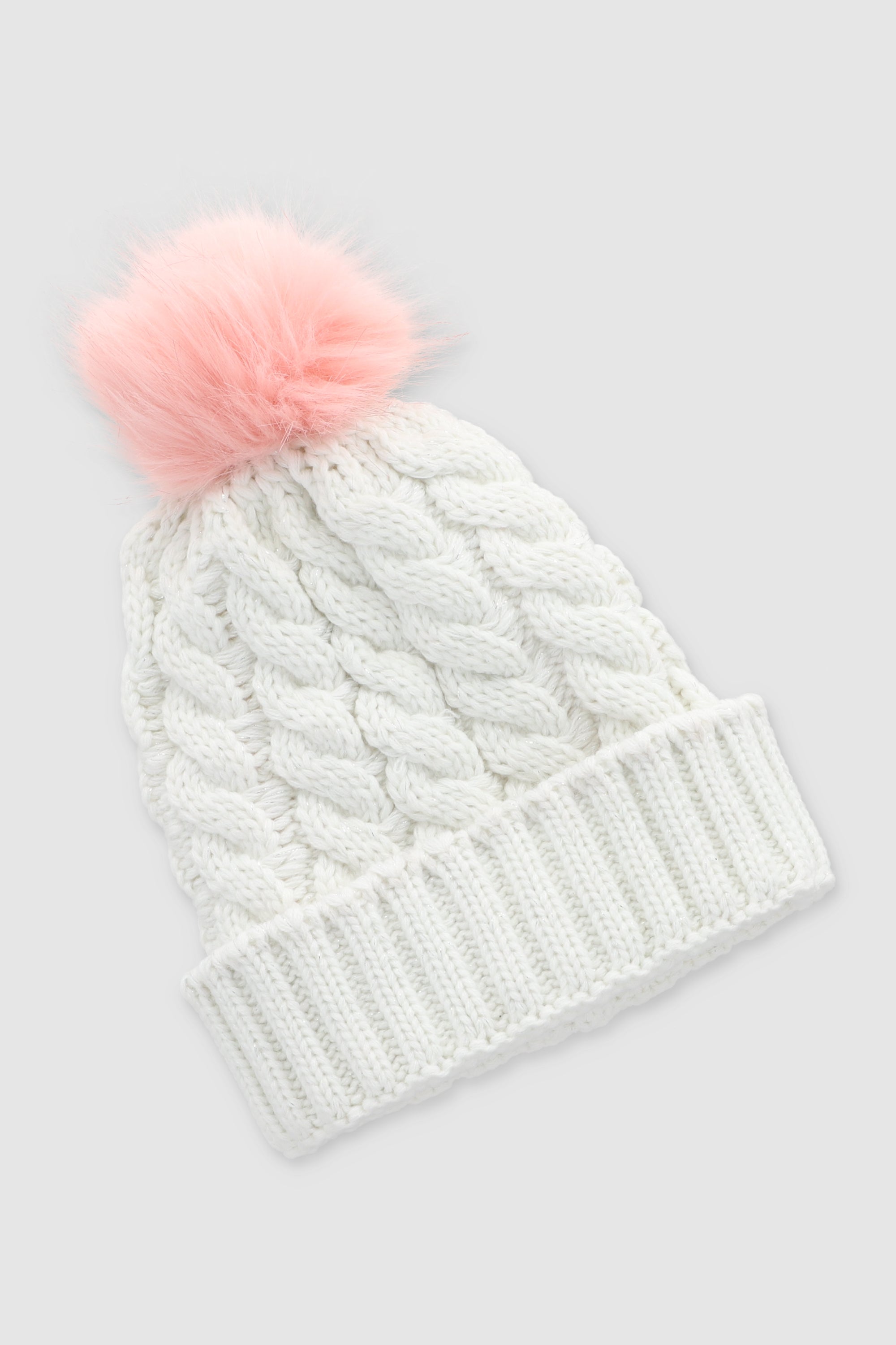 Beanie tejido punto trenzado pompón suave BLANCO