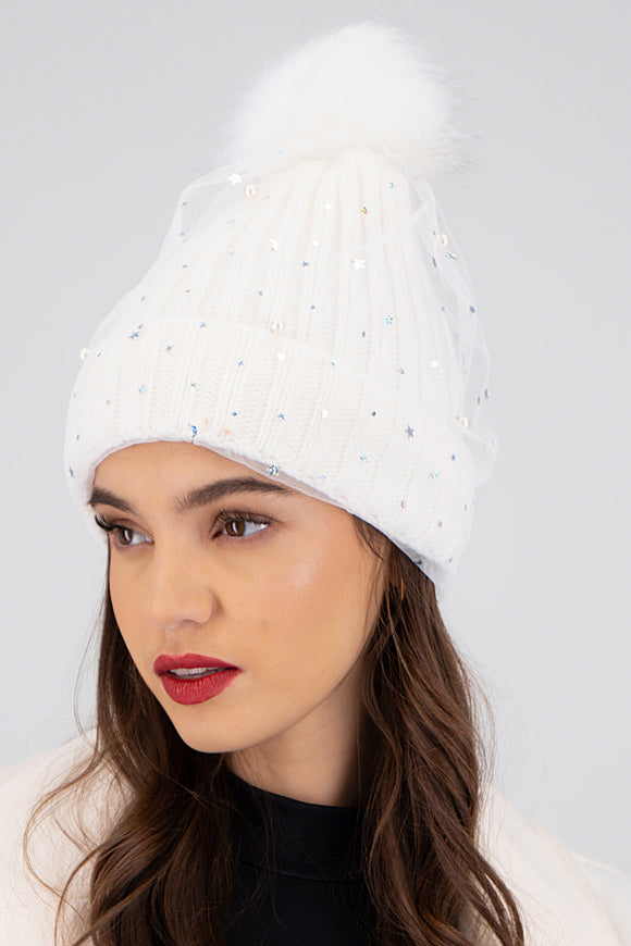 Beanie tejido punto perlas estrellas