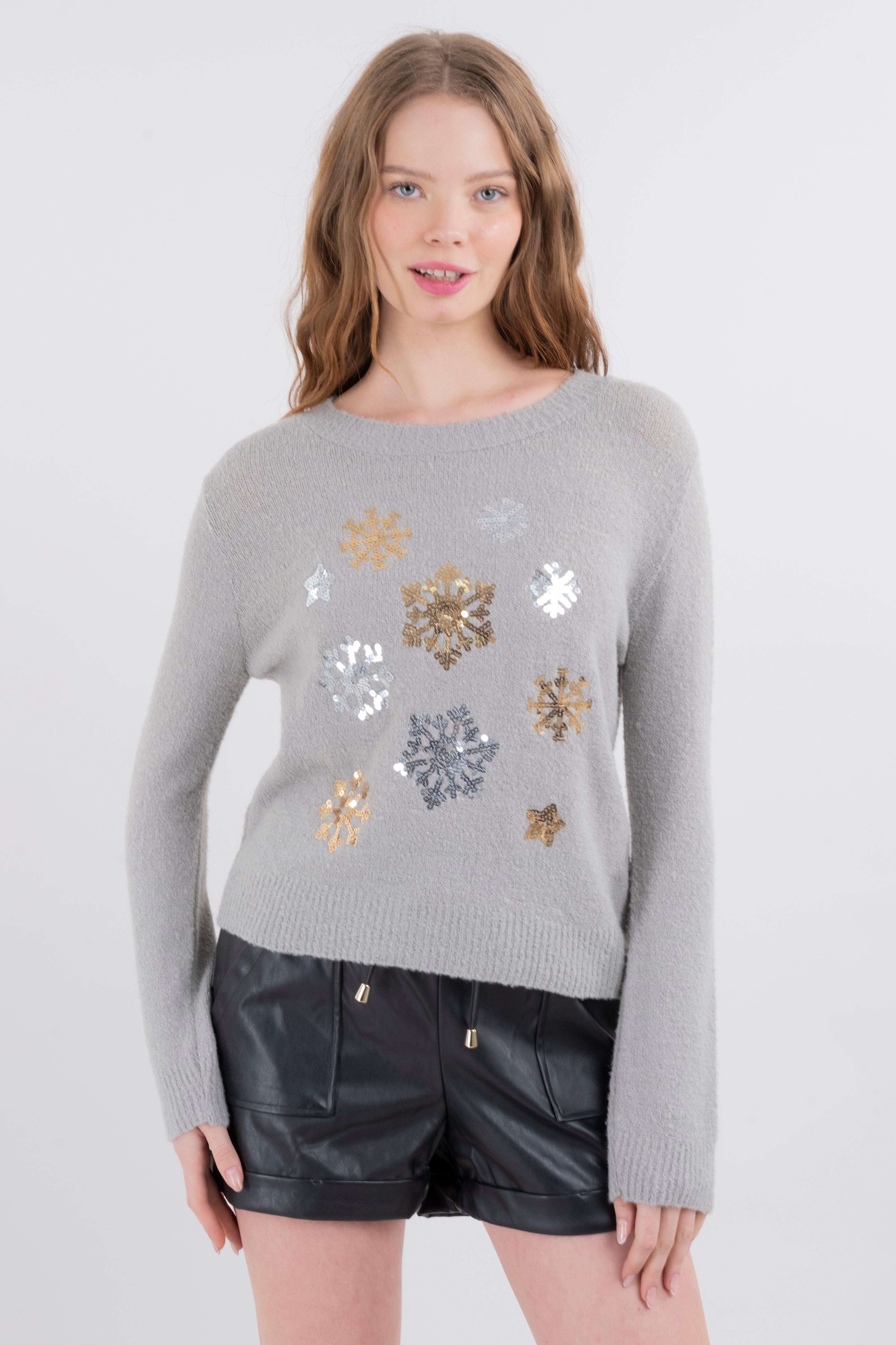 Suéter navideño copos nieve lentejuelas GRIS COMBO