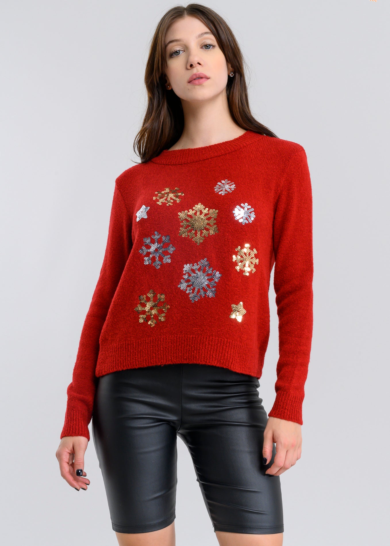Suéter navideño copos nieve lentejuelas ROJO COMBO