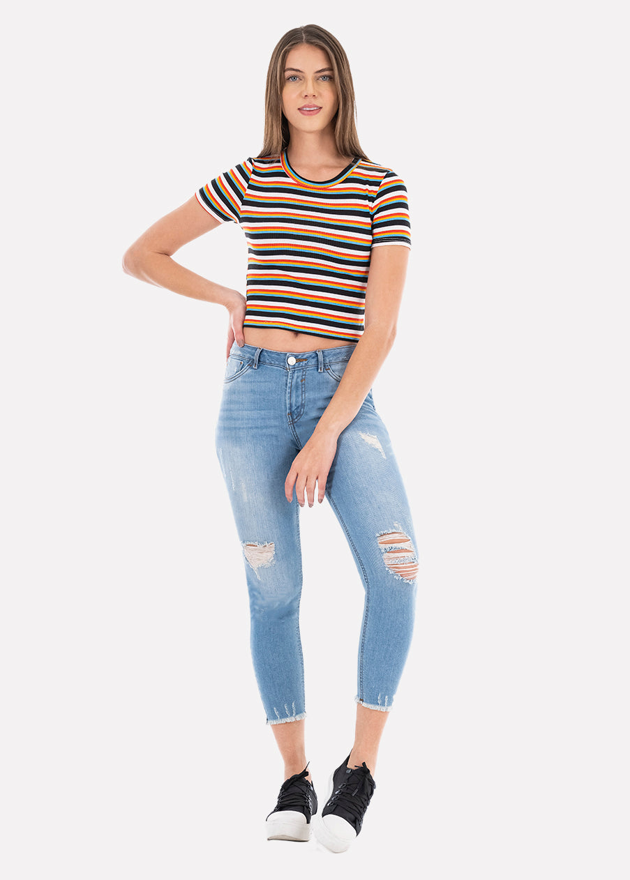 Jeans cintura media destrucciones flecos AZUL