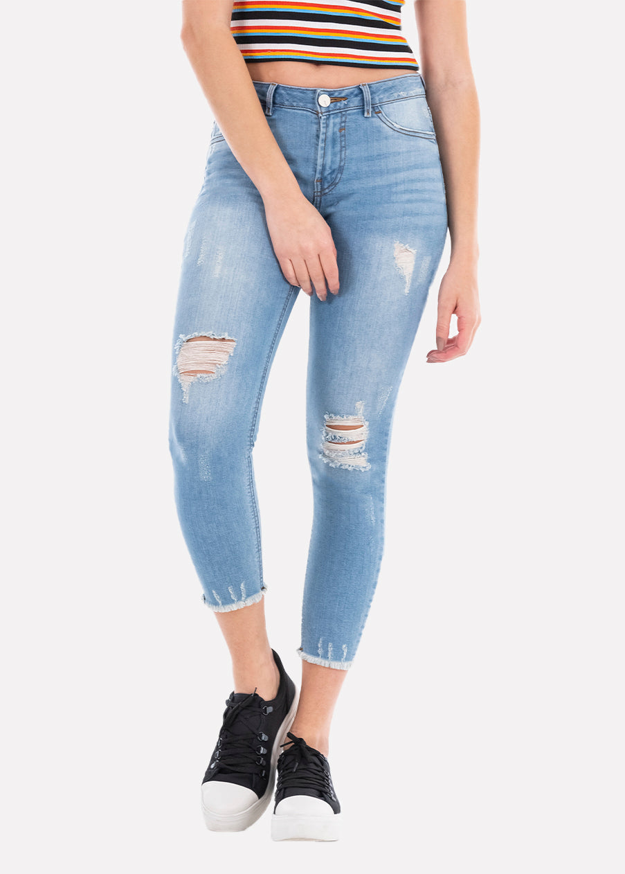 Jeans cintura media destrucciones flecos AZUL