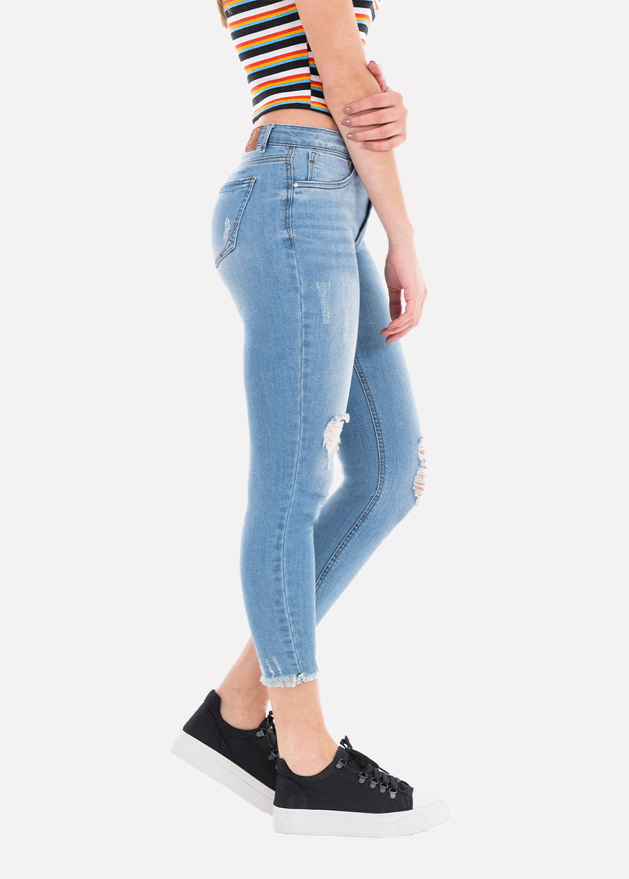 Jeans cintura media destrucciones flecos AZUL