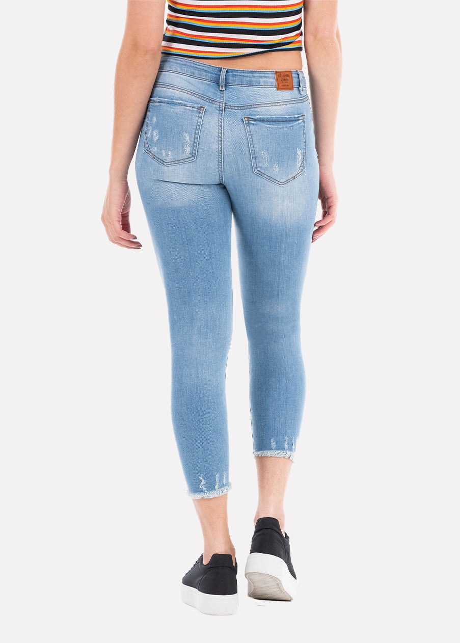 Jeans cintura media destrucciones flecos AZUL