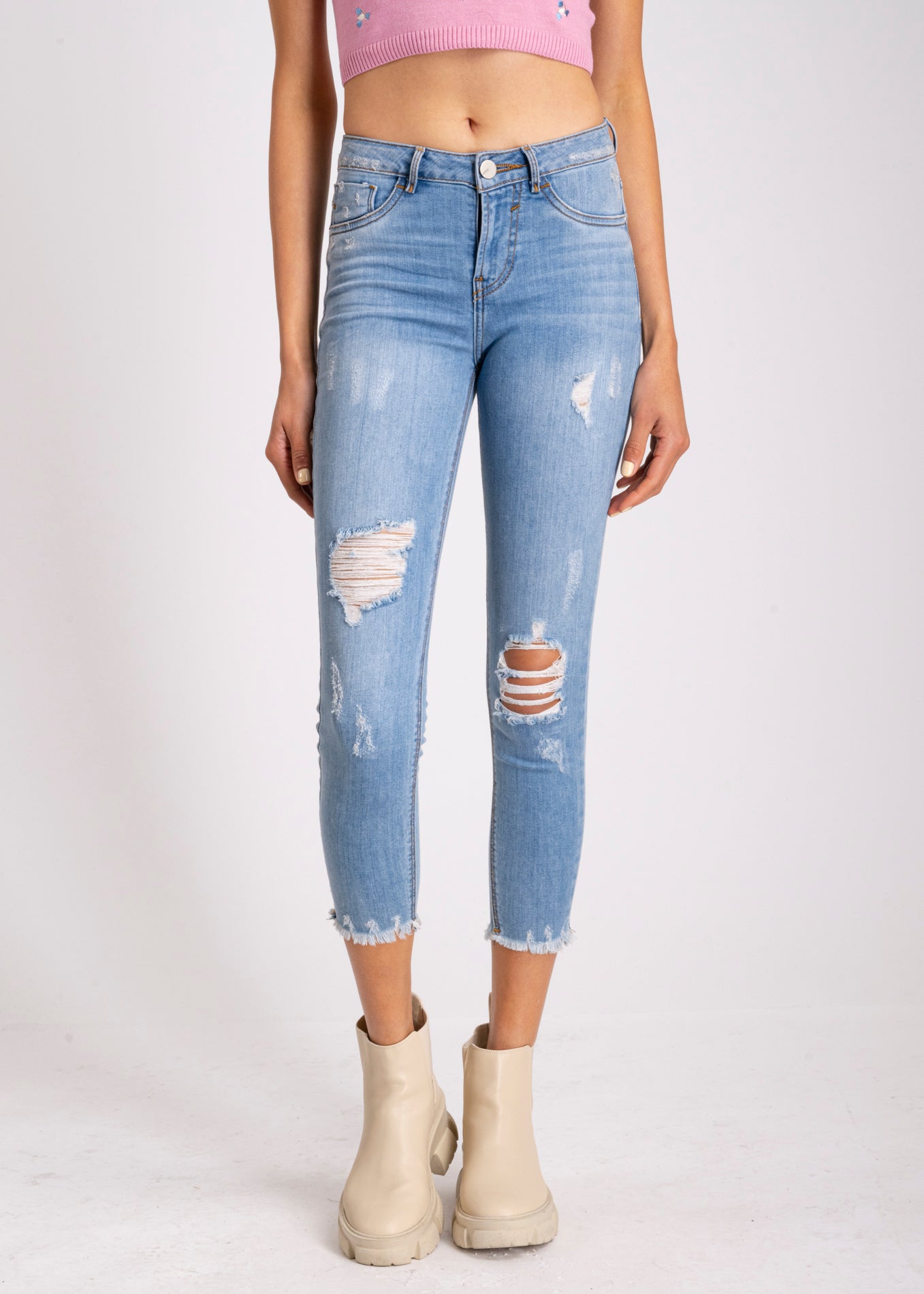Jeans cintura media destrucciones flecos AZUL