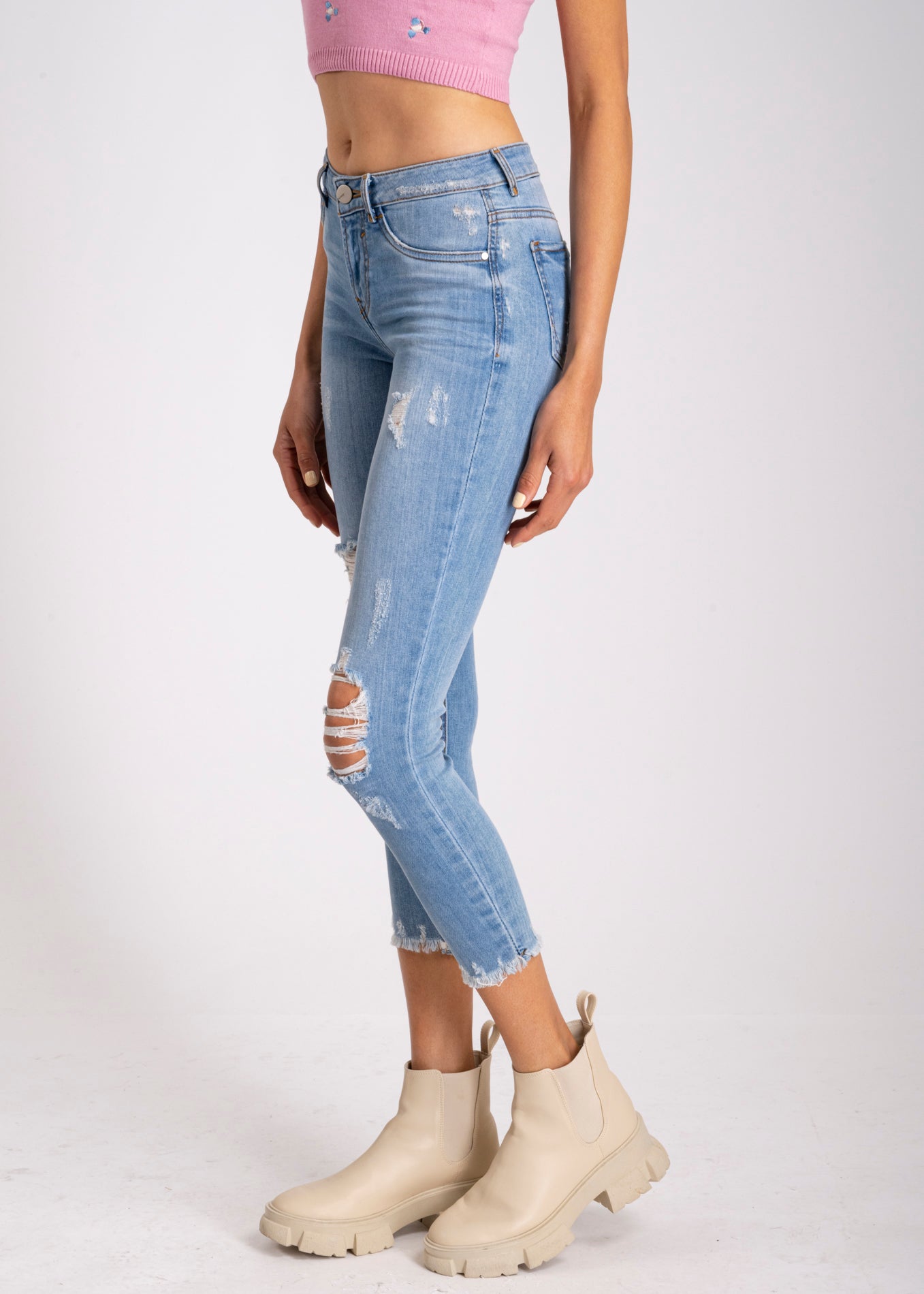 Jeans cintura media destrucciones flecos AZUL