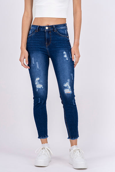 Jeans cintura media destrucciones flecos DARK WASH