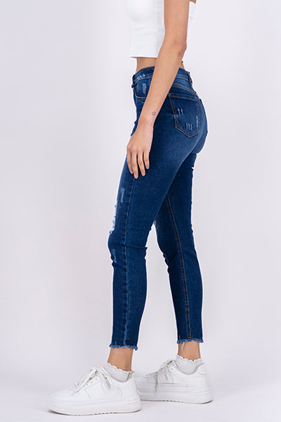 Jeans cintura media destrucciones flecos DARK WASH