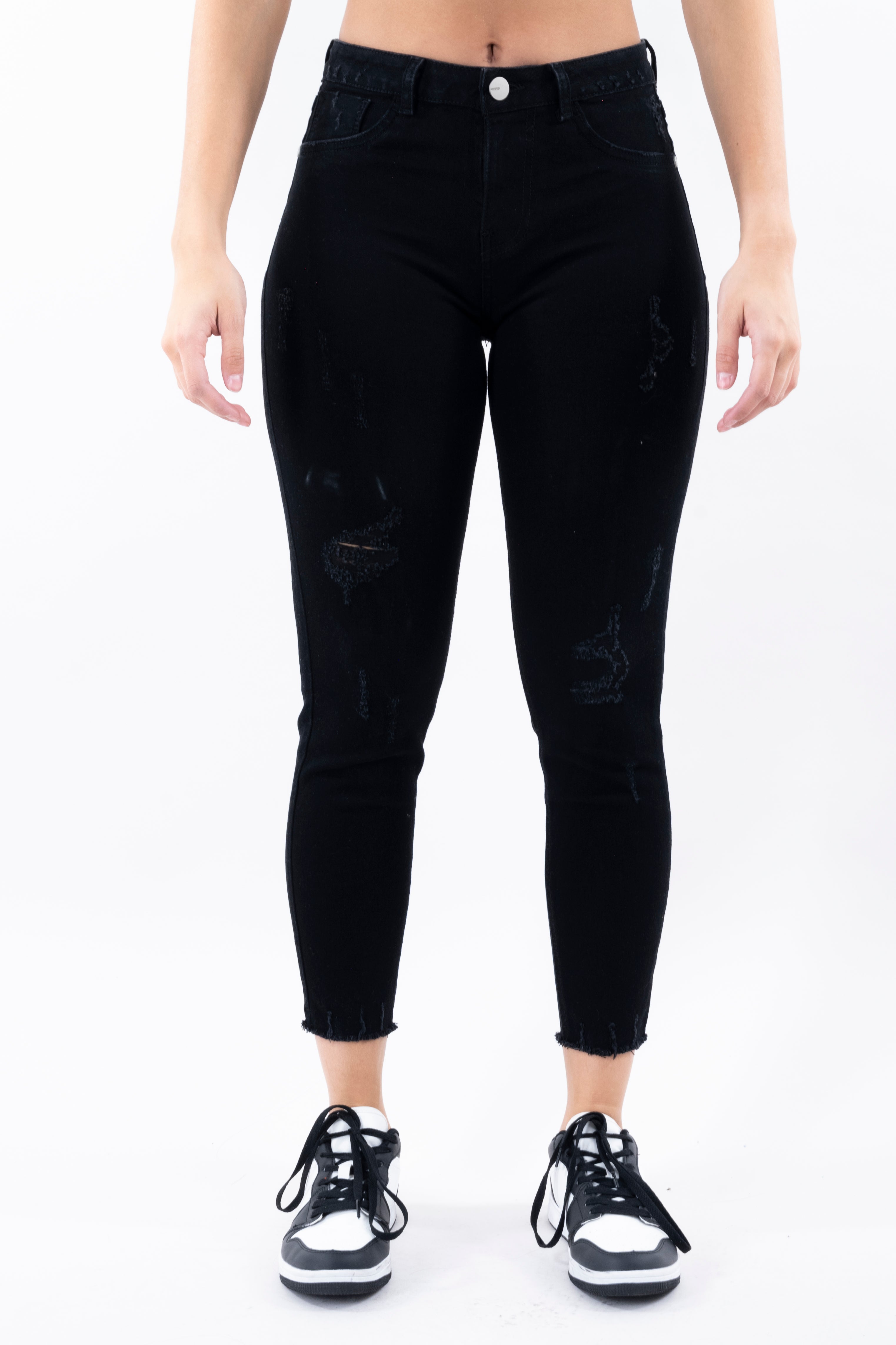 Jeans cintura media destrucciones flecos NEGRO